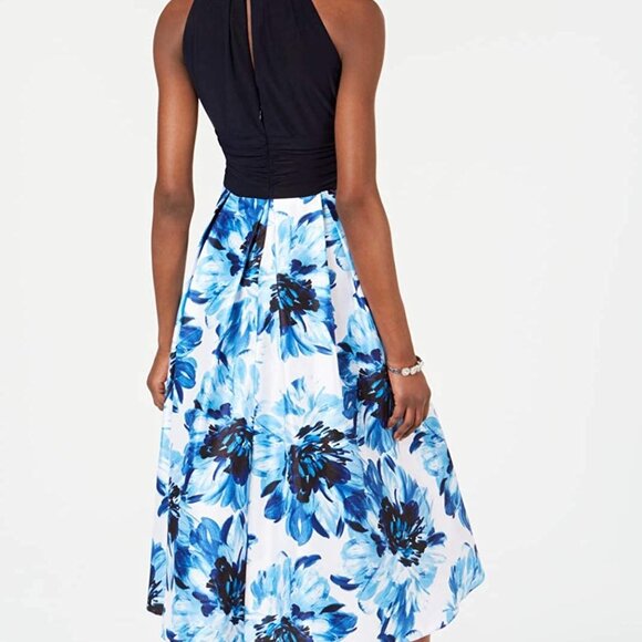 NWT SLNY A-Line Dress Blue Size 10 Halter Floral Pleated Mini $119 - Picture 1 of 11